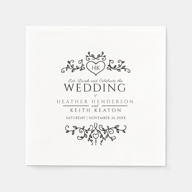 Serviette En Papier Poitrine de coeur monogramme noir et blanc mariage (Devant)