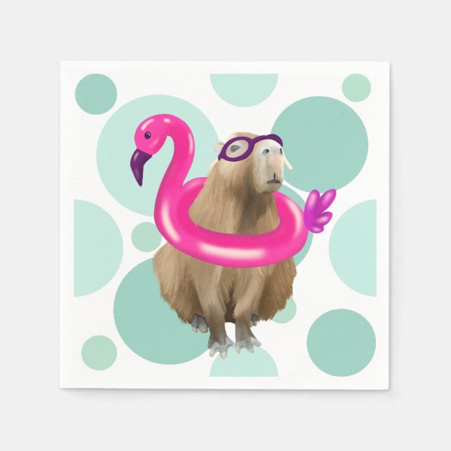 Serviette En Papier Pool Party Cute Capybara Avec Flotte Flamant rose  (Devant)