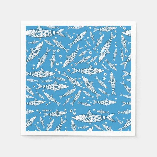 Serviette En Papier Portugais Lisbonne Sardines Motif Azulejos Bleu (Devant)