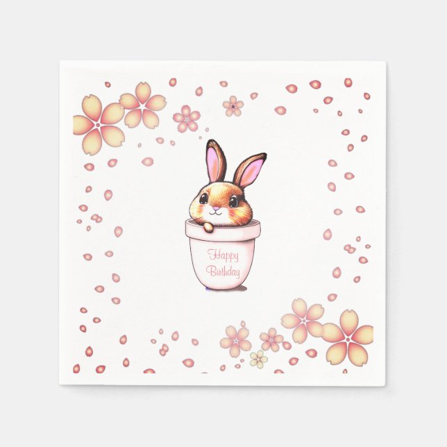 Serviette En Papier Pot de fleurs de lapin d'anniversaire sur fond bla (Devant)