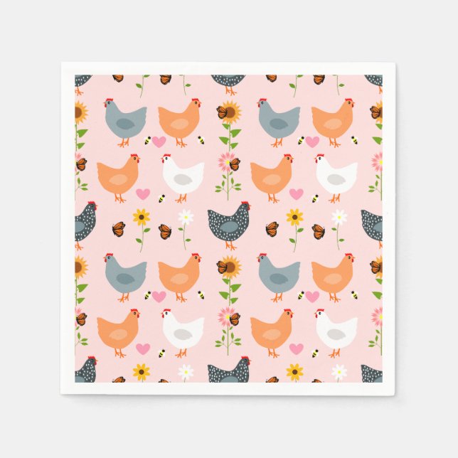 Serviette En Papier Poulets dans le jardin avec fleurs et insectes (Devant)