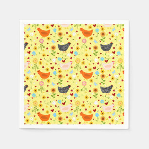Serviette En Papier Poulets dans le jardin avec fleurs et insectes