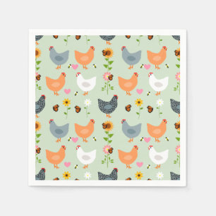 Serviette En Papier Poulets dans le jardin avec fleurs, vert