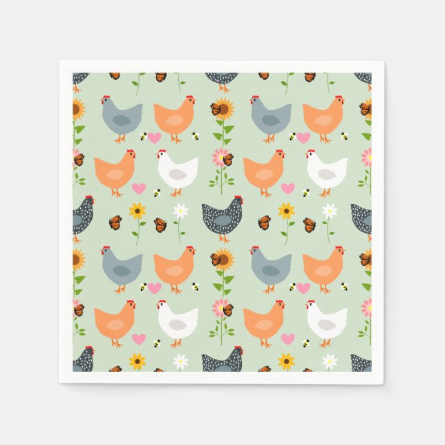 Serviette En Papier Poulets dans le jardin avec fleurs, vert (Devant)