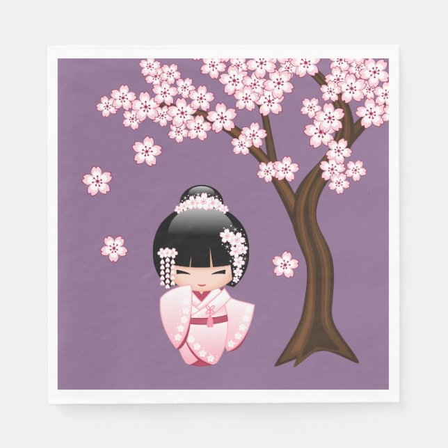 Serviette En Papier Poupée blanche Kimono Kokeshi - mignonne fille Gei (Devant)