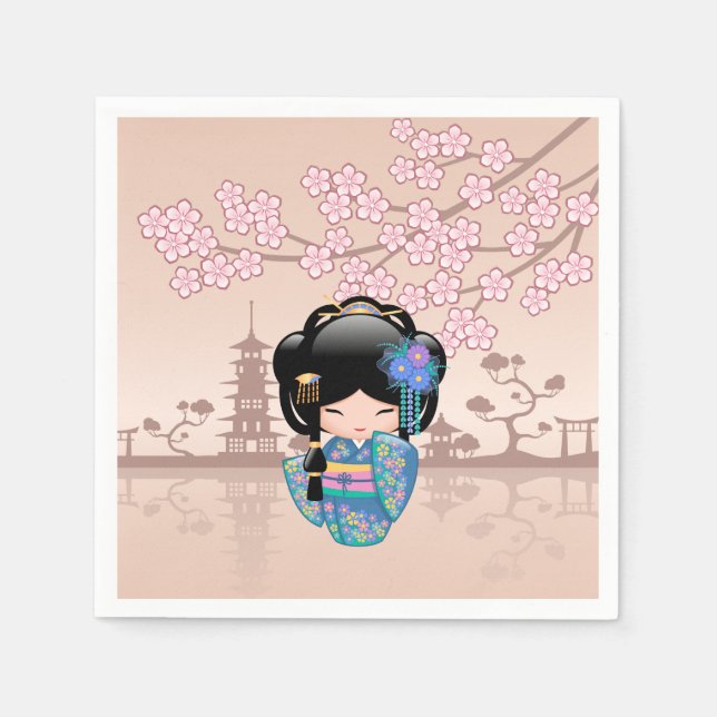 Serviette En Papier Poupée Keiko Kokeshi - Blue Kimono Geisha Girl (Devant)