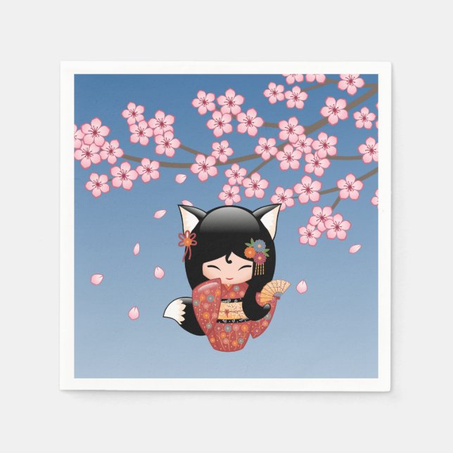 Serviette En Papier Poupée Kitsune Kokeshi - Black Fox Geisha Girl (Devant)