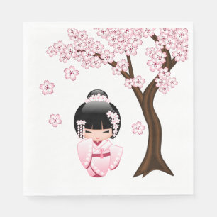 Serviette En Papier Poupée Kokeshi Kimono Rose