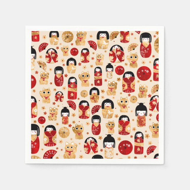 Serviette En Papier Poupées japonaises - Chats Kokeshi et Maneki Neko (Devant)