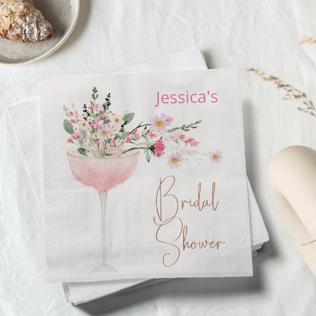 Serviette en papier pour mariage Modern Glass Wild (Modern Watercolor Champagne Glass Wildflowers Bridal Shower Paper Napkin, Bridal Shower Napkin)