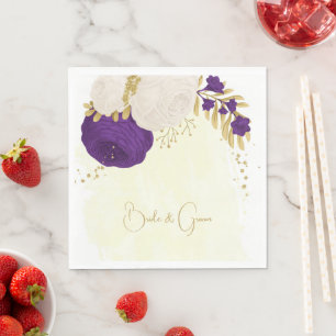 Serviette En Papier pourpre royal & fleurs blanches or
