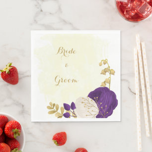 Serviette En Papier pourpre royal & fleurs blanches or