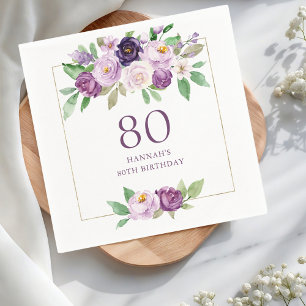 Serviette En Papier Pourpre Violet Floral 80e anniversaire