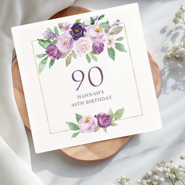 Serviette En Papier Pourpre | Violet Floral 90e anniversaire (Créateur téléchargé)