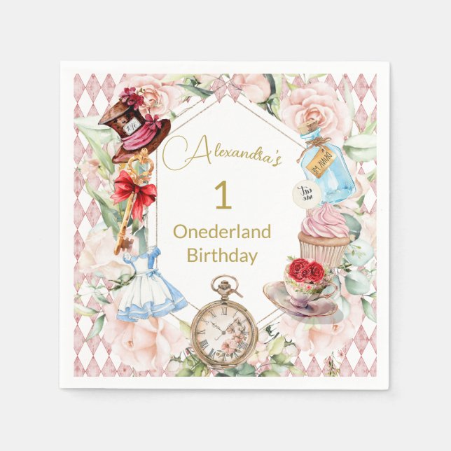 Serviette En Papier Premier Anniversaire Alice Au Pays Des Merveilles  (Devant)