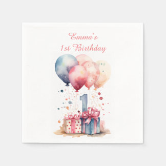 Serviette En Papier Premier anniversaire - Cadeaux et ballons aquarell