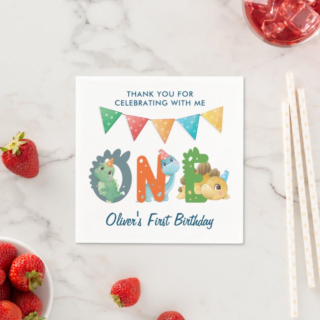 Serviette En Papier Premier anniversaire de Dinosaur (En situation)