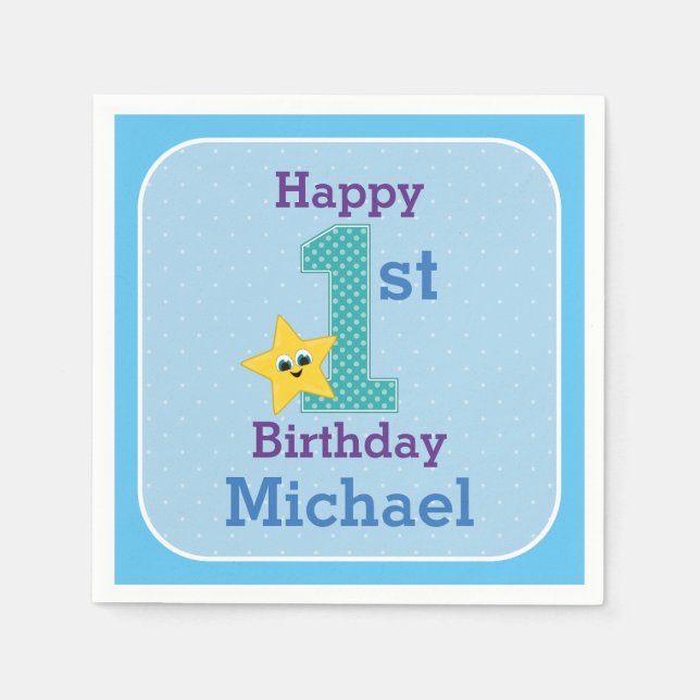 Serviette En Papier Premier anniversaire garçon, bleu, étoile jaune av (Devant)