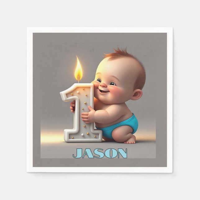 SERVIETTE EN PAPIER " PREMIER BÉBÉ GARÇON D'ANNIVERSAIRE " (Devant)