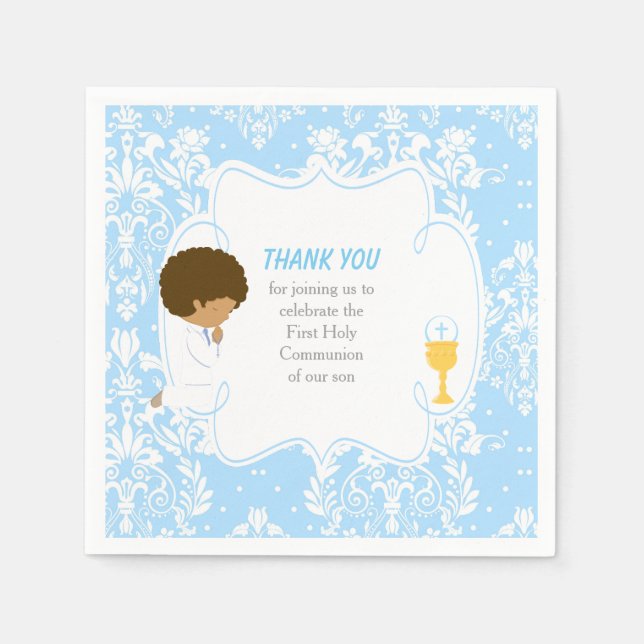 Serviette En Papier Première communion Afro-Américain Bleu Damas (Devant)