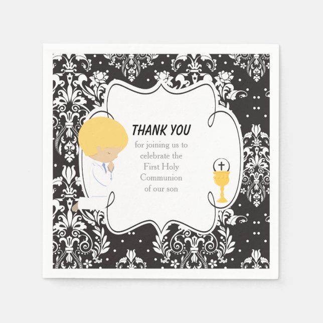 Serviette En Papier Première Communion Blonde Boy Black Damask (Devant)