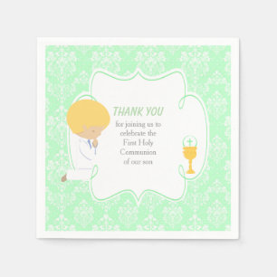 Serviette En Papier Première Communion Blonde Boy Green Damask