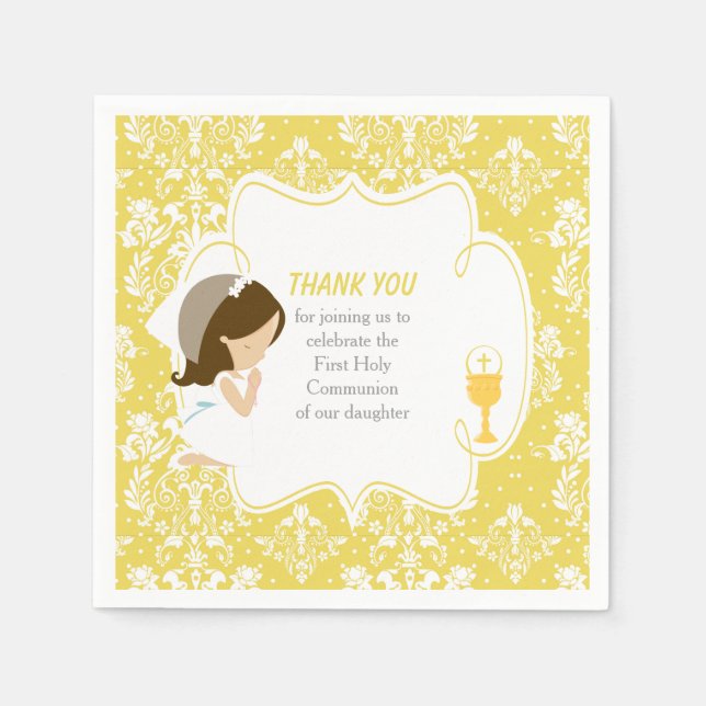Serviette En Papier Première Communion Brunette Girl Gold Damask (Devant)