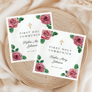 Serviette En Papier Première communion croix florale rose élégante