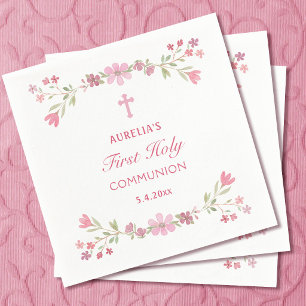 Serviette En Papier Première communion de fleurs roses