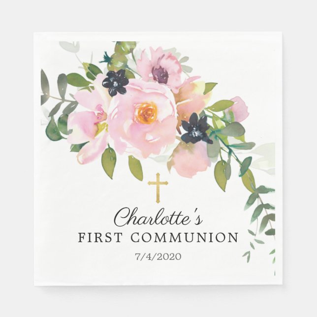 Serviette En Papier Première communion des Roses et des pivoines (Devant)