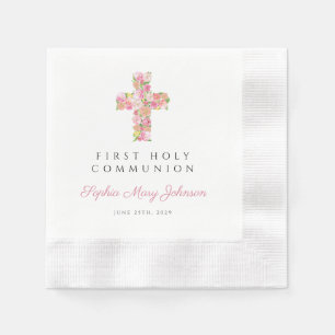 Serviette En Papier Première communion élégante croix florale rose