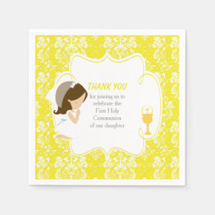 Serviette En Papier Première communion fille brune damassé jaune