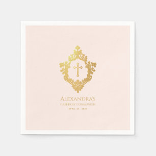 Serviette En Papier Première communion fille Croix dorée rose Crest vi