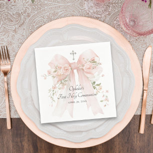 Serviette En Papier Première communion fille Ruban floral rose