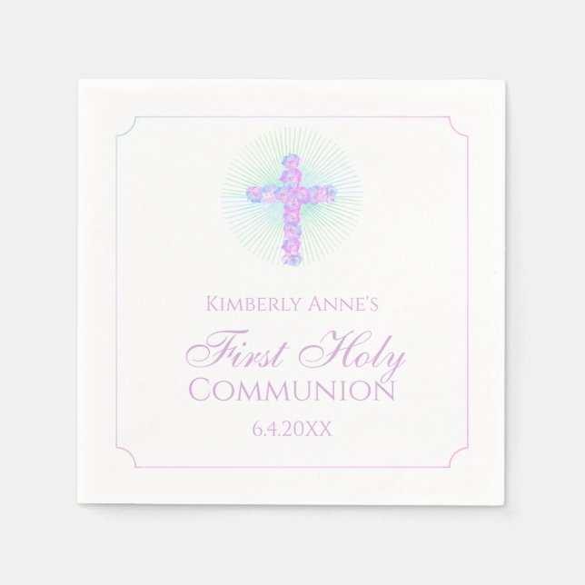 Serviette En Papier Première communion Floral Cross Lavender Monogramm (Devant)