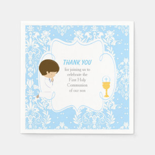 Serviette En Papier Première communion garçon brun bleu damas