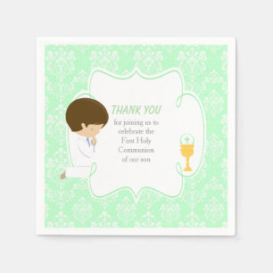 Serviette En Papier Première communion garçon brun damassé vert