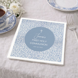 Serviette En Papier Première communion garçon motif floral bleu et bla