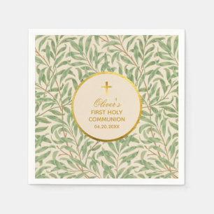 Serviette En Papier Première Communion Vert Feuilles Faux Gold Foil Mo