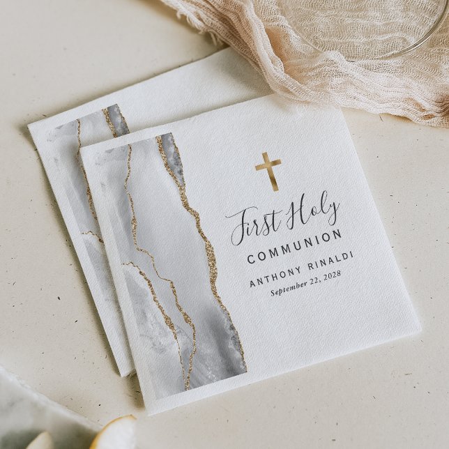 Serviette En Papier Première Sainte Communion Agate Or Blanc Gris (Créateur téléchargé)