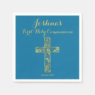 Serviette En Papier Première Sainte Communion bleu or croix nom garçon