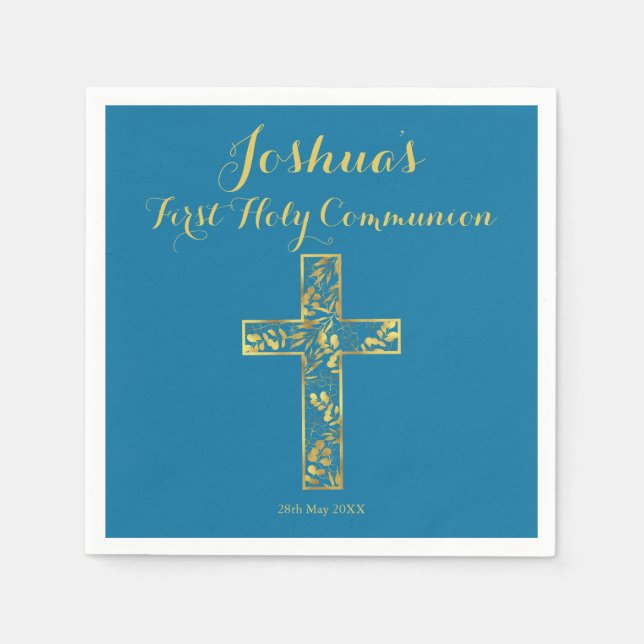 Serviette En Papier Première Sainte Communion bleu or croix nom garçon (Devant)