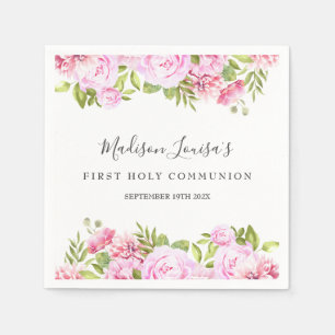 Serviette En Papier Première Sainte Communion Bois Rose Floral