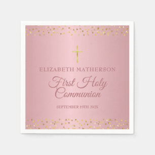 Serviette En Papier Première Sainte Communion Cœurs Or Rose