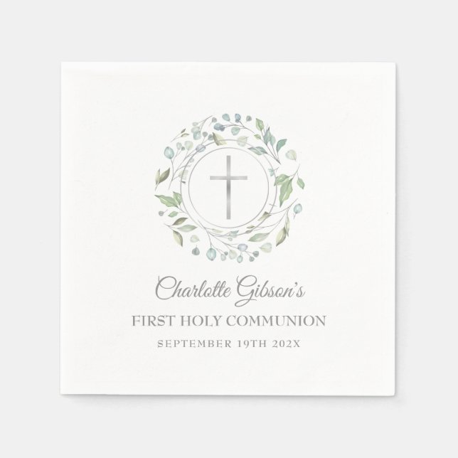 Serviette En Papier Première Sainte Communion Croix d'argent verte (Devant)