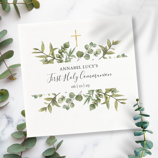 Serviette En Papier Première Sainte Communion Croix d'or Verdure (Créateur téléchargé)