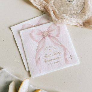 Serviette En Papier Première Sainte Communion Croix Dorée Ruban Rose