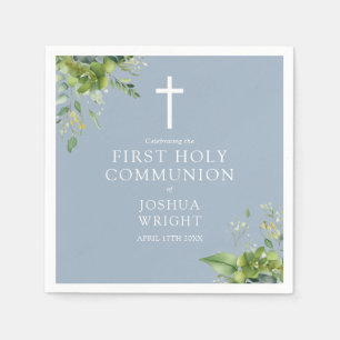 Serviette En Papier Première Sainte Communion Fleurie Bleu Poussiéreux