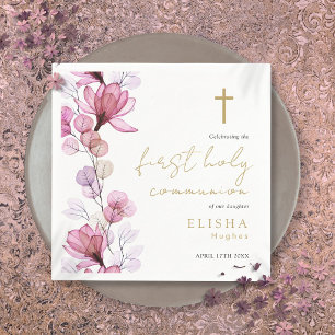 Serviette En Papier Première Sainte Communion Florale Rose Élégante