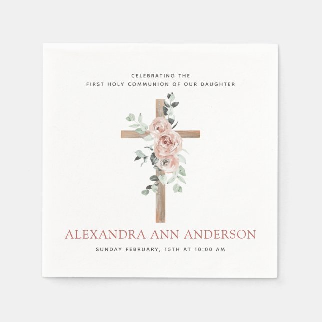 Serviette En Papier Première Sainte Communion Rose Dusty (Devant)
